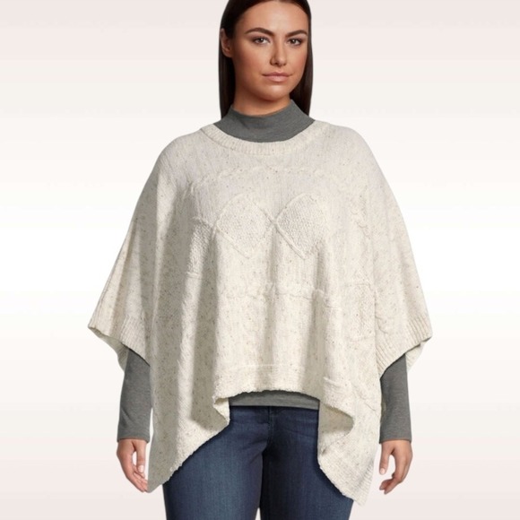 NWOT WORLD MARKET Ivory Speckle Chenille Cable Knit Sweater Poncho, One Size - Picture 1 of 12